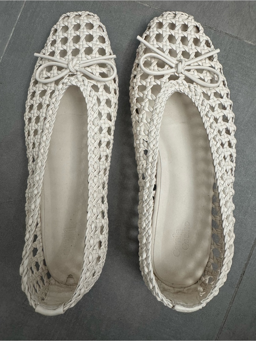 Camila Coelho Cream Woven Bow Ballet Flats